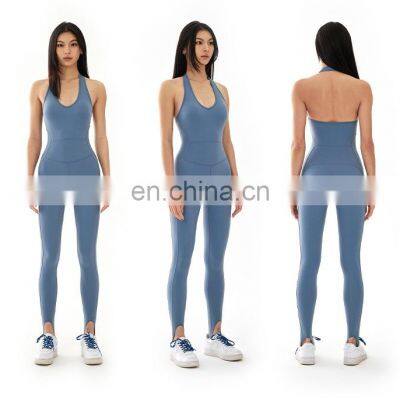 Blank Custom Logo Dance Yoga Jumpsuit Wholesale Ladies Gym Wear Sexy Backless Halter Neck Sports Fitness Jumpsuit Set For Women