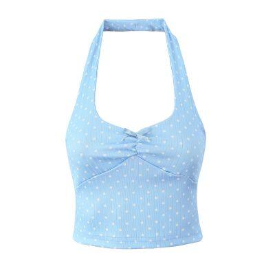 Purely erotic, spicy girl style, sexy V-neck short-sleeved tank top with a backless design, cute and fresh, small and pretty, featuring dotted prints on the front.