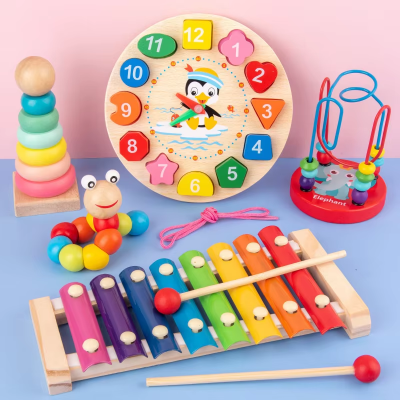 Early Education Toys Digital Clock Shape Matching Puzzle With Wooden Beads Threading Made Wood for Children photo-5