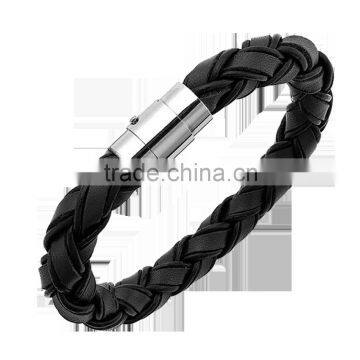 Wholesale Men's Round Black Braided Leather Bracelet 6mm