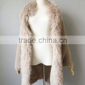 QD80531 Free Size New Design Real Mohair with Tibet Fur Trimming Shawl