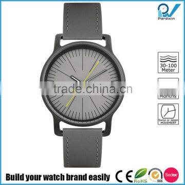 Excellent design wristwatch in 18/10 stainless steel mat with leather strap grey own brand watch