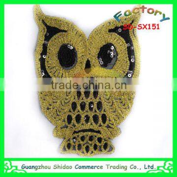 Owl sequin design golden rope sequin embroidery patch for men garment