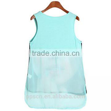 OEM Manufacturer Wholesale Breathable Sleeveless Blue Knit + Chiffon Tank Women Ladies Top Most Popular photo-3