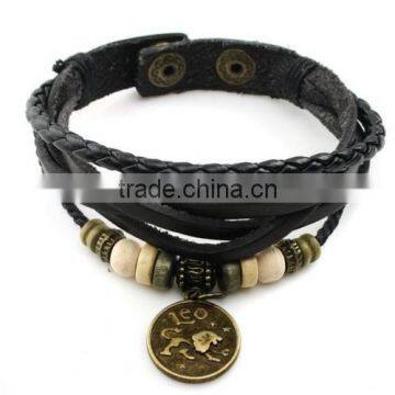 Handmade Genuine Real Leather Bracelet Sign Logo Charms Beads Button Adjustable Size Unisex