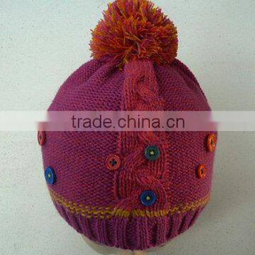 Children's Cable Knitted Beanie With Pom and Button