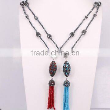 Pave Crystal Olive Bead with Crystal Tassel Pendant Necklace, Hematite Beaded Necklace