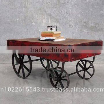 Industrial Coffee Table Cart , Rustic wood coffee table with Wheels