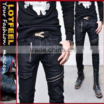 Wax Coat Zipper Accent Pocket Skinny Jeans (LOTG045)