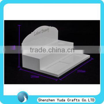 Glossy white acrylic perfume display with logo printing for makeup cosmetics