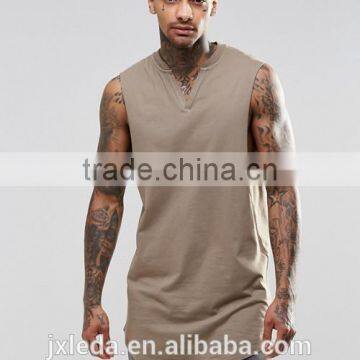 Men 100% cotton blank super long line notch neck sleeveless tee shirt factory suppliers in China