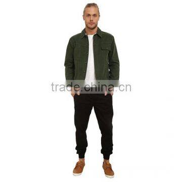 High Quality Green Plain Denim Varsity Jacket Custom Arc-shaped Back Hem photo-6