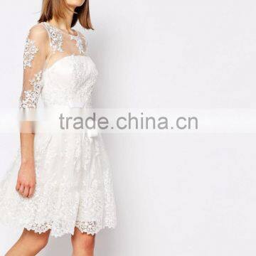 MGOO Design Long Sleeve Lace Mini Dress Bridal Grown With Floral Pattern Pure White Beach Wedding photo-4