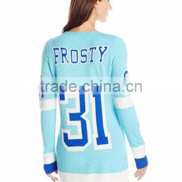 Women Light Blue Sweater Snowman Word Pattern Christmas Sweater Ugly photo-2