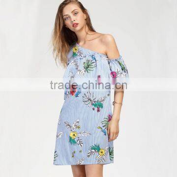 Oblique Shoulder Layered Dress, 2017 Ladies Blue Floral Print Dress photo-3