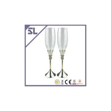 Double heart silver plated champagne flutes wedding gifts for bride and groom