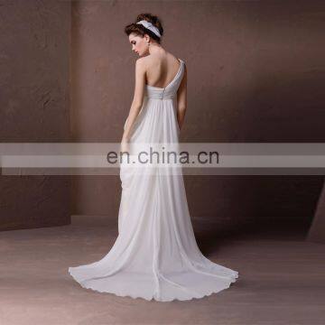 Simple One Shoulder Pleated Chiffon Wedding Dress Beaded Belt photo-2