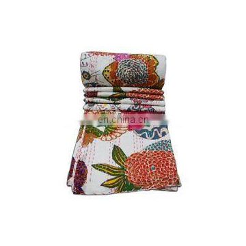 Kantha work Quilt Gudri Reversible Throw Ralli Cotton Size TWIN QUEEN Fruit print Blanket handmade Bedspread Bedding Indian