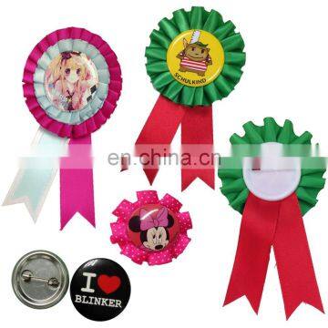 High Quality 100%Polyester ribbon rosette with Transfer printing tin badge on centre