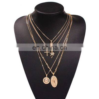 Fashion Metal Chain Pendant Necklace for Women Vintage Heart Cross Coin Lock Collar Multilayer Gold Necklace Choker Jewelry/