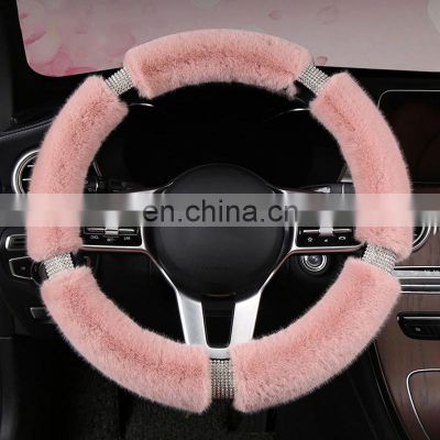 Hot sale Fluffy Steering Wheel Cover with Bling Rhinestones Diamond Fur Furry Car Steering Covers Universal 38cm For Women Girl