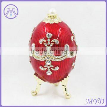 Fashion Jewelry Metal Red Enameled Faberge Style Russian Egg Trinket Box photo-3