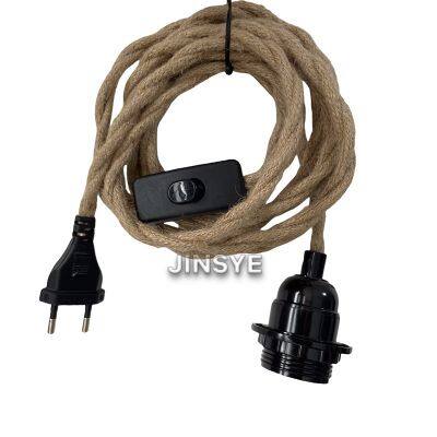 CE VDE EU Power Cords Hemp Rope Cable Plug In Twisted Wire Cable Lamp Cord Kit E27 Bakelite Lamp Socket