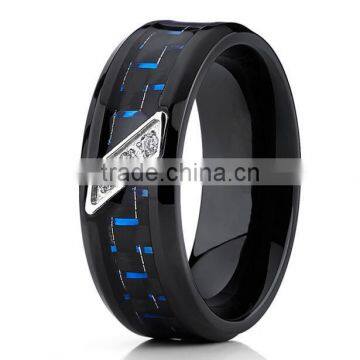 Men's Black Titanium, Black And Blue Carbon Fiber Cubic Zirconia Comfort Fit Wedding Band, Blue Titanium Ring