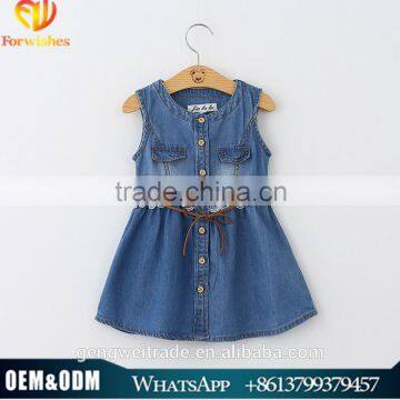 2016 new kids girls party dress summer hot sale jeans dress button front sash denim girls dress