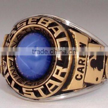 Customized Stainless steel baseball rings with gold plated and gemstone