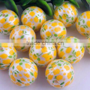 2016 AAA Quality Wholesale Chunly Round Loose Acrylic Matte Pearl Print Yellow Flower Gumball Beads For Kids Jewelry Making!