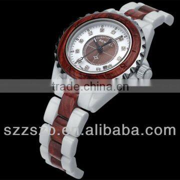 2014 High Quality Elegant Ceramic And Wood Women's Wristwatch With Calendar