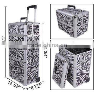 2in1 Zebra Aluminum Makeup Cosmetic Train Rolling Case Hair Style Lockable Box photo-4