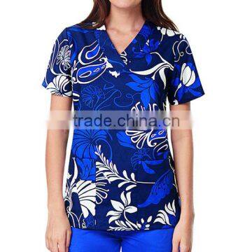 Wholesale OEM Popular New Style 100% Cotton Women's V-Neck Botanical Print Scrub Top/Hospital UniformTop photo-2