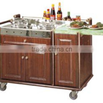 high quality flambe trolley /wooden cooking car