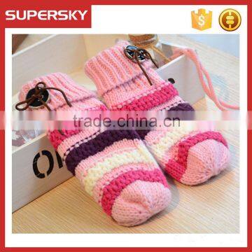 V-394 fashion crochet stripe women winter mittens gloves with button hand warmer mitten gloves knit arm warmer