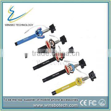 monopod wired coloful selfied stick with cute cartoons