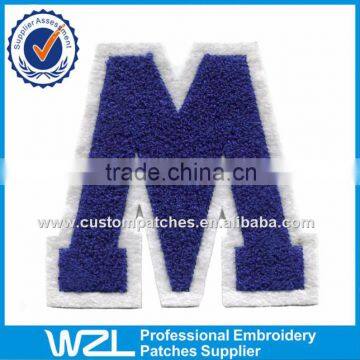 Blue letter 3d chenille adhesive patch for clothing embroidery chenille patch