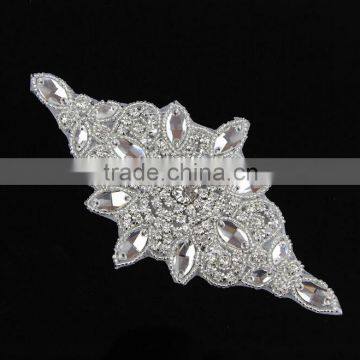 Rhinestone and pearl beaded applique for bridal sash, wedding headband, garters