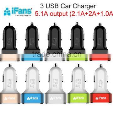 iFans Colorful mini 3 usb port car charger with CE RoHS for smartphone