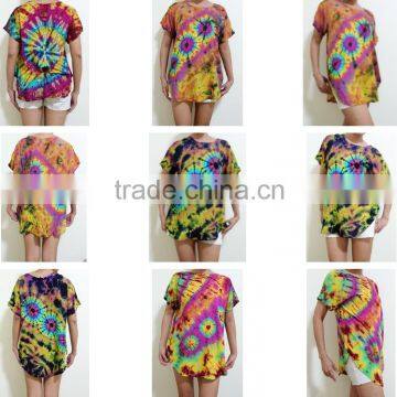 HIPPIE BOHO thai handmade tie dye festival chic tunic top shirt blouse curved round hem