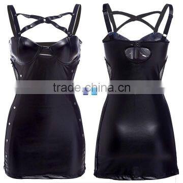 Sexy Womens Faux Leather Strap Hollow Backless Wrap Cross Backless Rivets Mini Top Dress + G-String