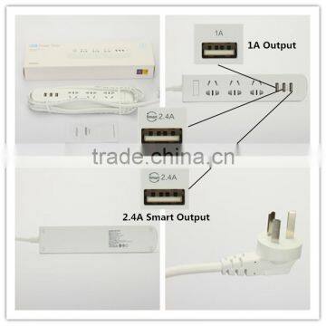 Pisen 1.8m 6ft Cable Fast Charging 3 Outles Power Strip With 1A 2.4A 2.4A 3 USB Charger