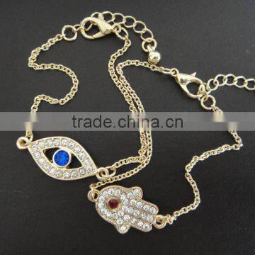 rhinestone paved hamsa hand fatima hand evil eye charm bracelet high quality goldfill chain bracelet