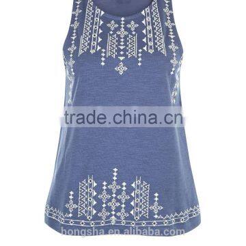 2016 Fashion Summer Blue Embroidered Trim Sleeveless Top HST8042