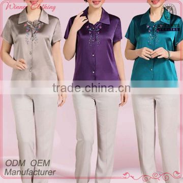 Latest design fashionable short sleeve blouse for middle aged women