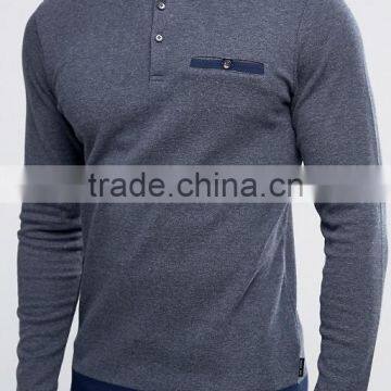 Logo Long Sleeve Chest Pocket Button Placket Contrast Trims Dark Grey Men's 75% Cotton 25% Polyester 200g Casual Polo Tshirt photo-3