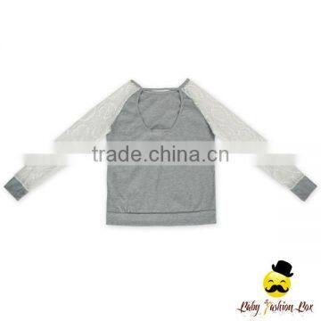 2017 Spring Cheap Adult Lady Transparent Lace Floral Long Sleeve Plain Gray Breathable Cotton Raglan Casual Shirt photo-6