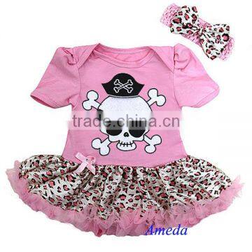 Newborn Baby Girls Light Pink Pirate Leopard Bodysuit Romper Pettiskirt Bow Headband 0-18M