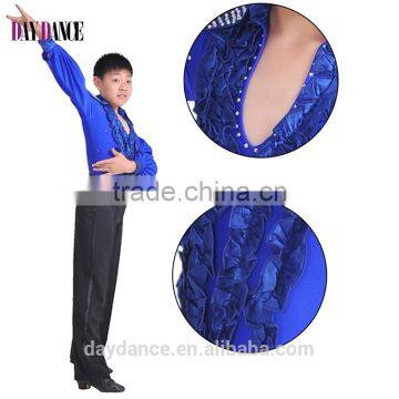 Boys Rhinstone Collar Stage Competition Clothes Kids Long Sleeve Latin Cha-Cha Dance Shirts Leotard